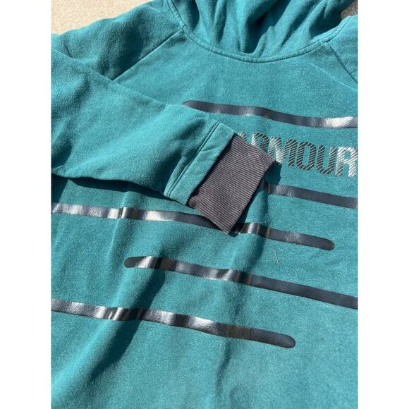 Under Armour Sweatshirt Women Sz Small Teal Graphic Mock Neck Hooded Long Sleeve - Picture 3 of 6